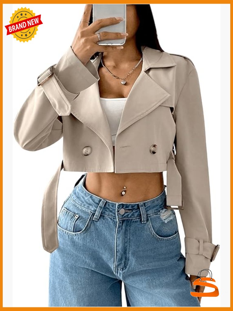 Crop Trench Coat Double Breasted Notch Lapel Long Sleeve Work Jacket
